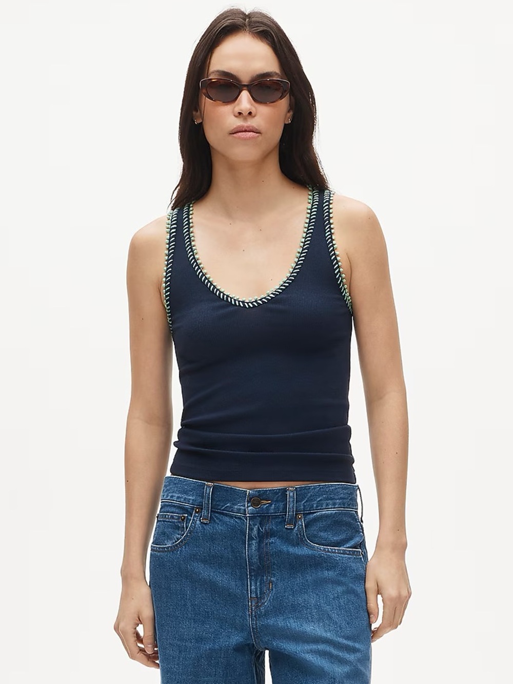 NWT J.Crew Perfect Rib V-Neck Tank Hand-Stitched Trim Navy M *marks